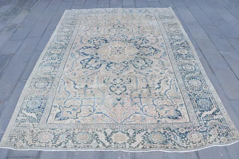 Turkish 8.1x11.1 ft Rug, Oushak Vintage Rug, Blue Striped Rug Wool - 1