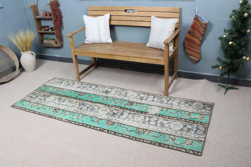 Elegant Green & Blue Floral Rug, 2.6x6.9 ft Chic Decor