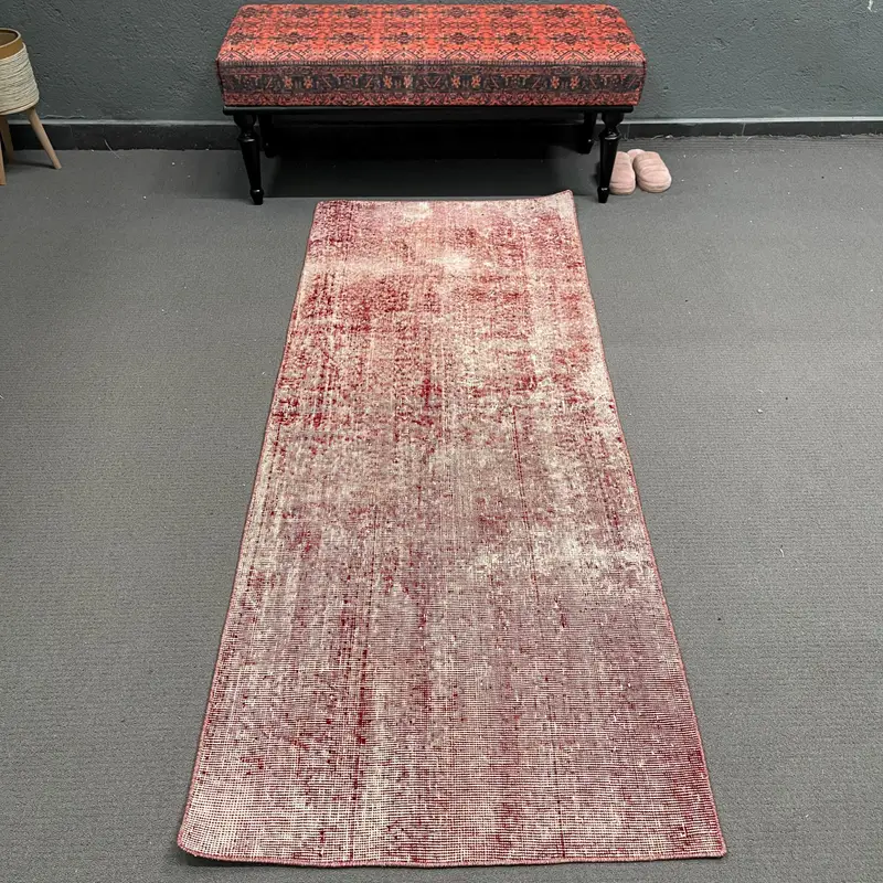 2.6x6.8 ft Vintage Rug, Turkish Runner Rug, Red White Plants & trees Rug - 1
