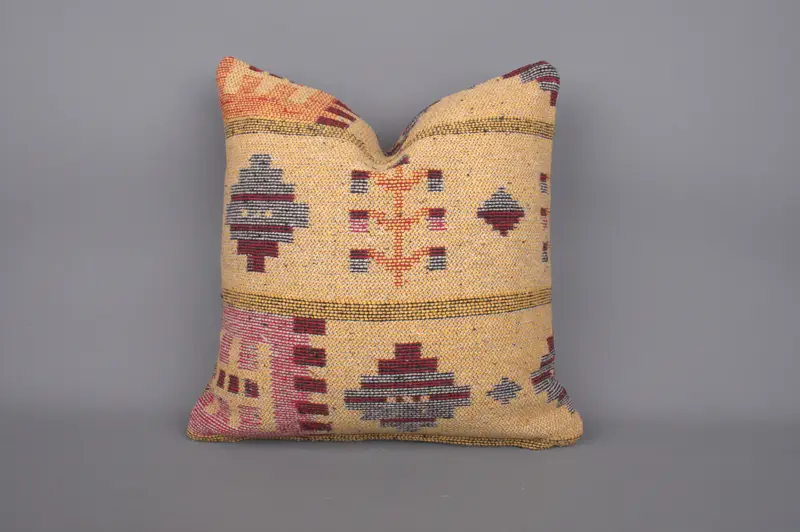 Antique Pillows, Retro Throw Pillow Cover, Throw Kilim Pillow, Pillow Case, Cotton Pillow Case, Turkish Pillow, 18x18 Yellow Cushion Case - 1