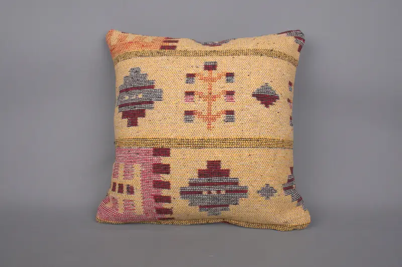 Antique Pillows, Retro Throw Pillow Cover, Throw Kilim Pillow, Pillow Case, Cotton Pillow Case, Turkish Pillow, 18x18 Yellow Cushion Case - 4