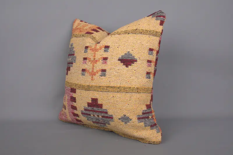 Antique Pillows, Retro Throw Pillow Cover, Throw Kilim Pillow, Pillow Case, Cotton Pillow Case, Turkish Pillow, 18x18 Yellow Cushion Case - 3