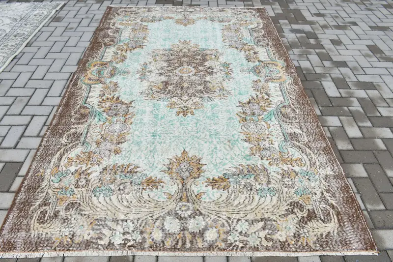 Vintage Büyük Halı 5.7x9 ft, Türk Oushak Kahverengi Çiçekli Yün Halı - 1