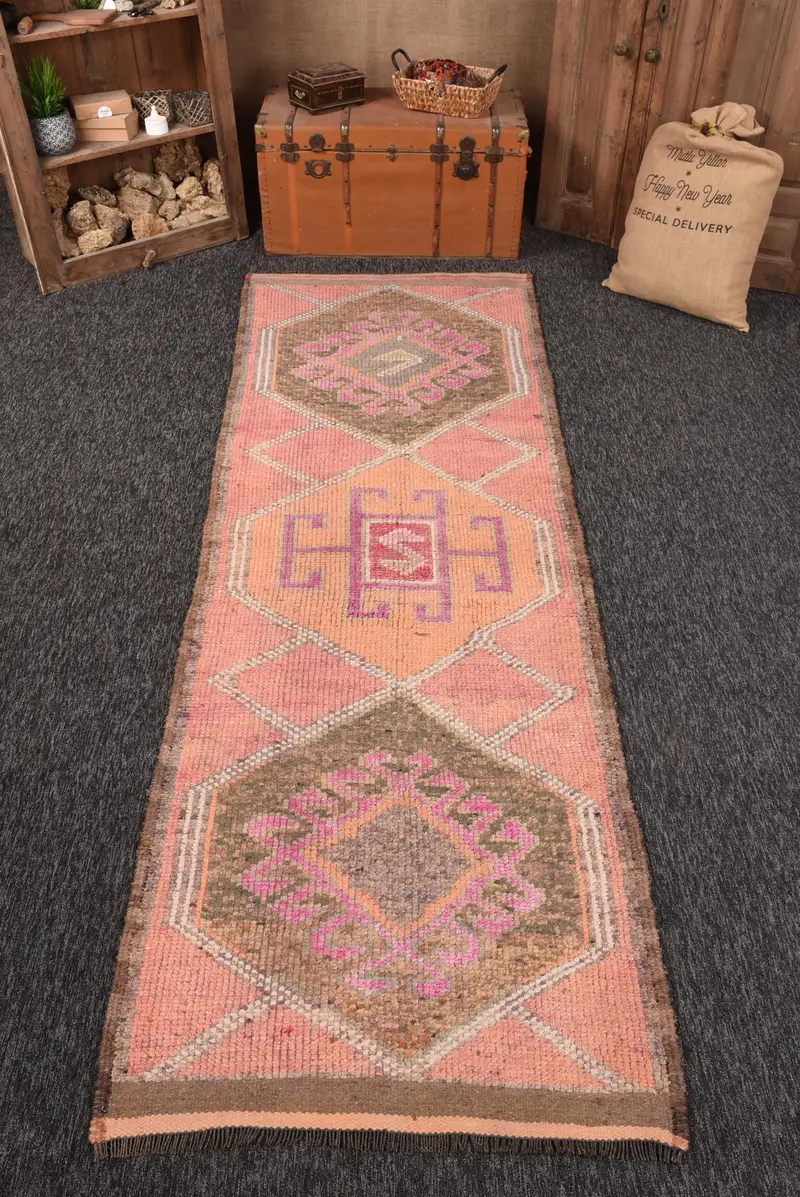 Türk Vintage Halı 3.4x10.6 ft, Herki Turuncu Fas Yün Halı - 1