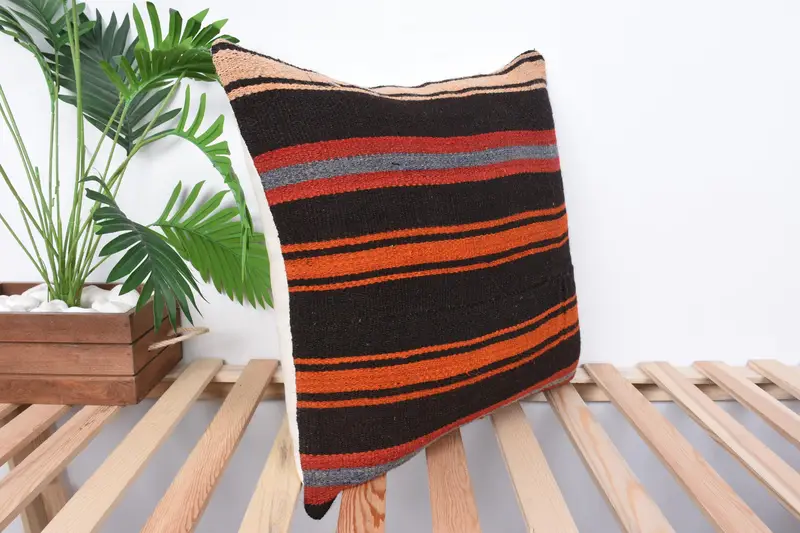 Pillow Case, Crochet Pattern Pillow Cover, Boho Pillow Sham Cover, Ethnical Kilim Rug Pillow, 20x20 Brown Pillow Sham, Vintage Kilim Pillow - 4