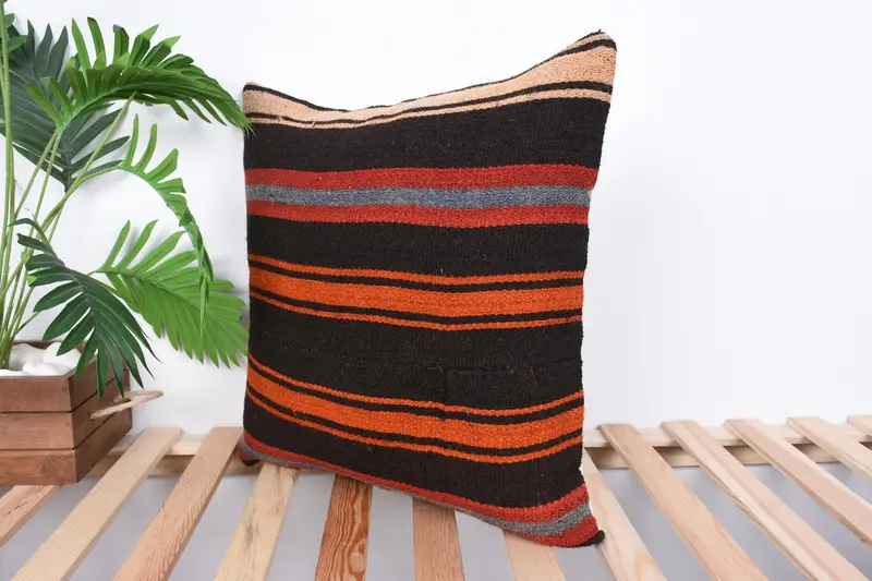 Pillow Case, Crochet Pattern Pillow Cover, Boho Pillow Sham Cover, Ethnical Kilim Rug Pillow, 20x20 Brown Pillow Sham, Vintage Kilim Pillow - 5