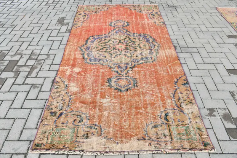 4,4x8,7 ft Teppich, türkischer Vintage Teppich, Oushak Teppich mit orangefarbenem Rand - 1