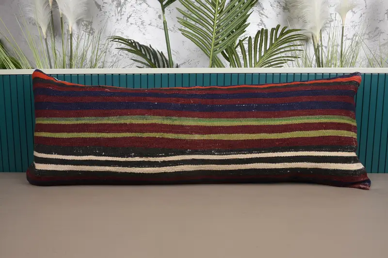 Türkisches gestreiftes Wollkissen, antiker 16x42 Zoll roter Kissenbezug - 1