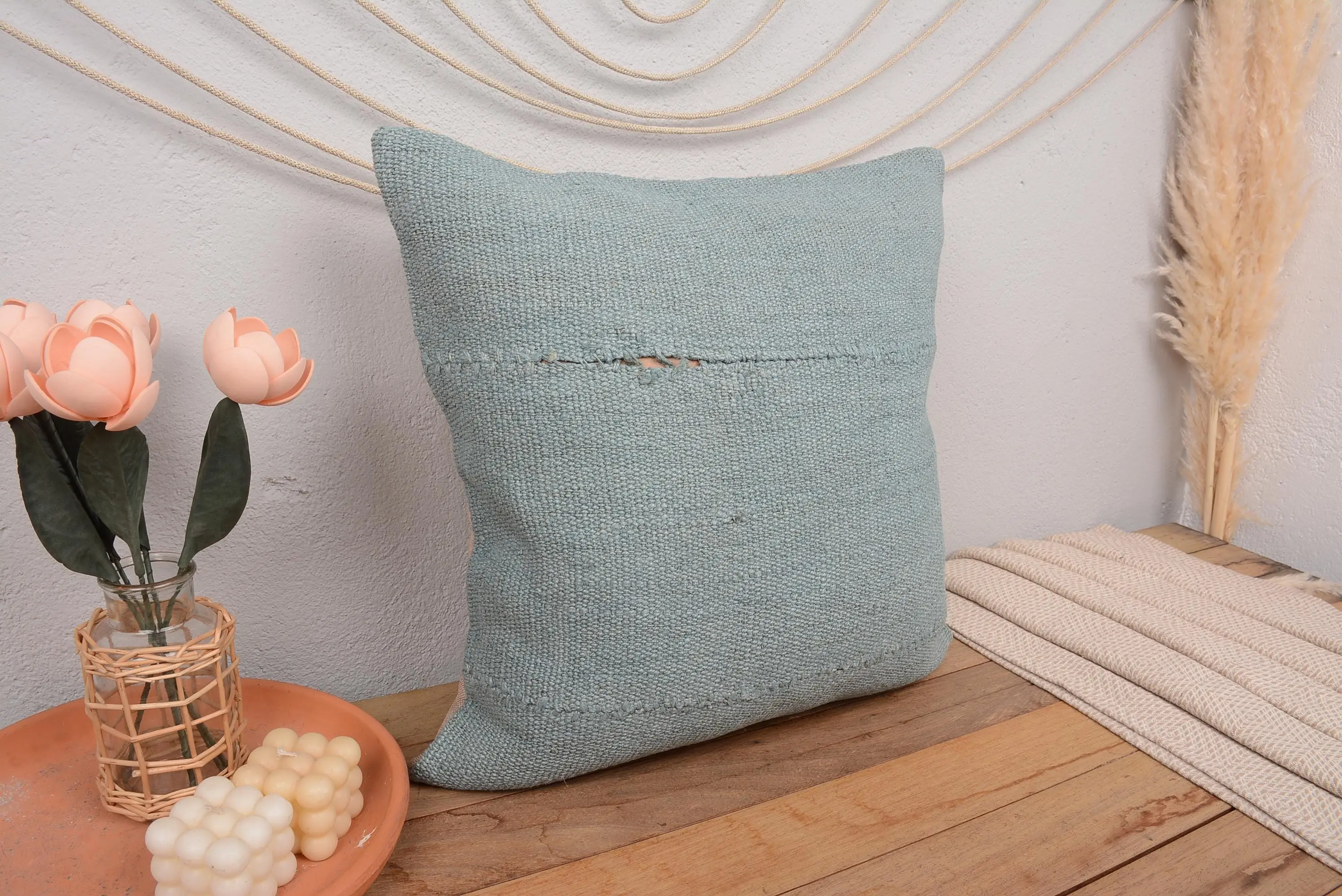 El Yapımı Güneybatı Yeşil Kilim Yastık, 20x20 Vintage Nakışlı Kırlent - 1