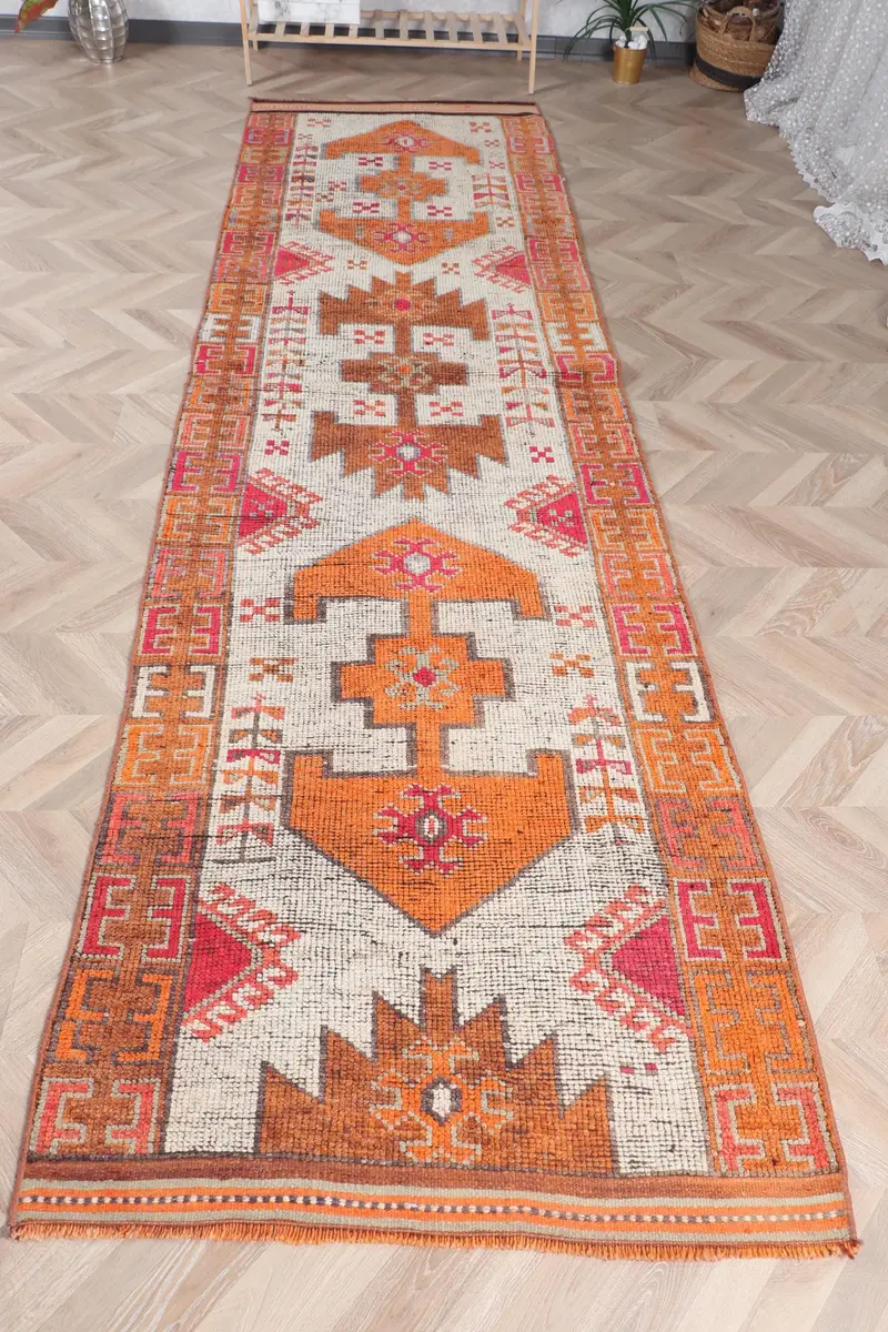 Handmade Beige & Orange Animal Print Rug, 0.3x11.8 ft