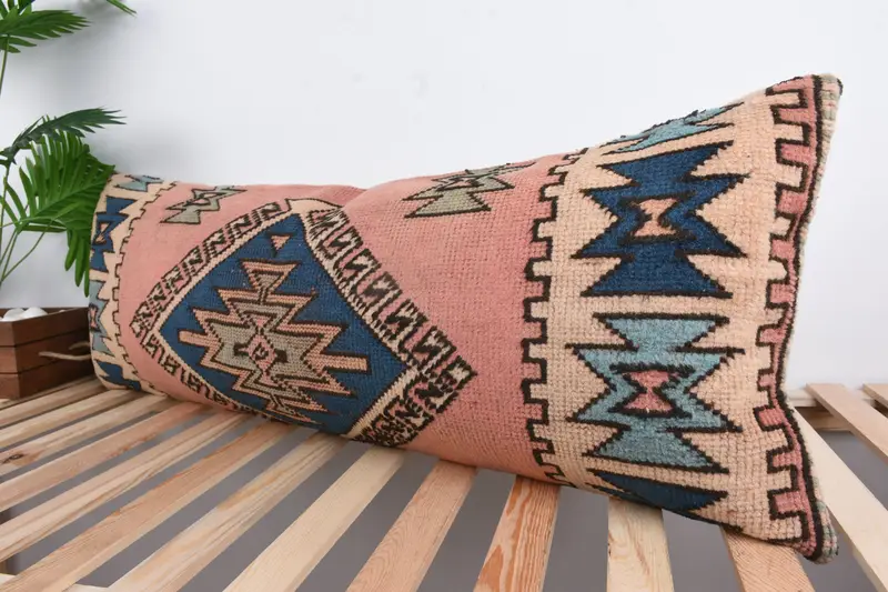 Cushion Case, Boho Pillow, Lounge Throw Cushion, 16x43 Blue Cushion Cover, Boho Pillow Sham Cover, Garden Cushion Cover, Antique Pillows - 5