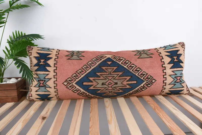 Cushion Case, Boho Pillow, Lounge Throw Cushion, 16x43 Blue Cushion Cover, Boho Pillow Sham Cover, Garden Cushion Cover, Antique Pillows - 1
