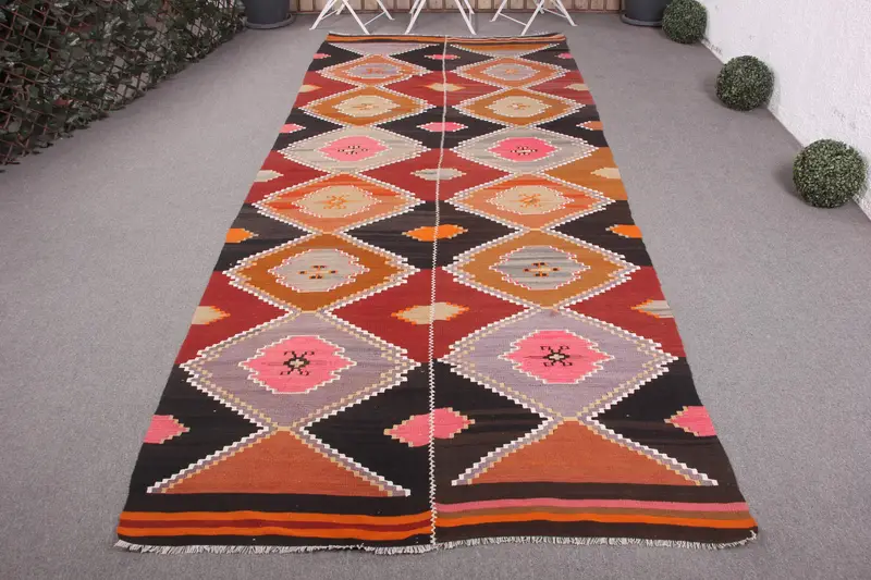 ハンドメイド レッド & オレンジ ラグ、5x11.4 フィート パッチワーク