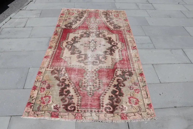 Alfombra vintage turca 3,8x6,9 pies (117x210 cm), alfombra marroquí marrón rojo Oushak - 1
