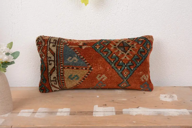 Red Southwestern Embroidered Pillow, Vintage 8x16 Throw Pillow