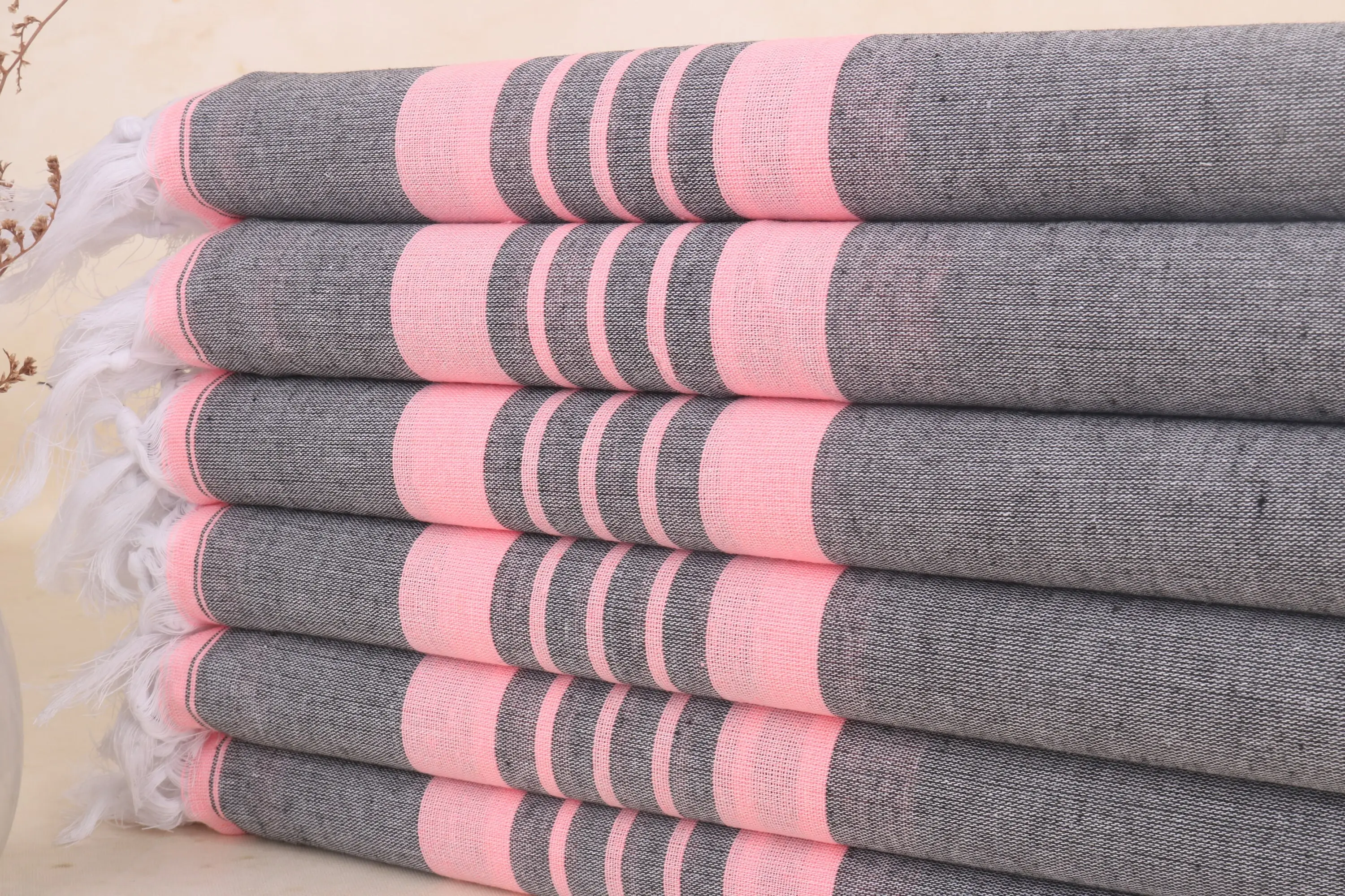 Bridal Shower Bath Towel Striped Black-Bright Pink Cotton, 40x71 Inches - 1