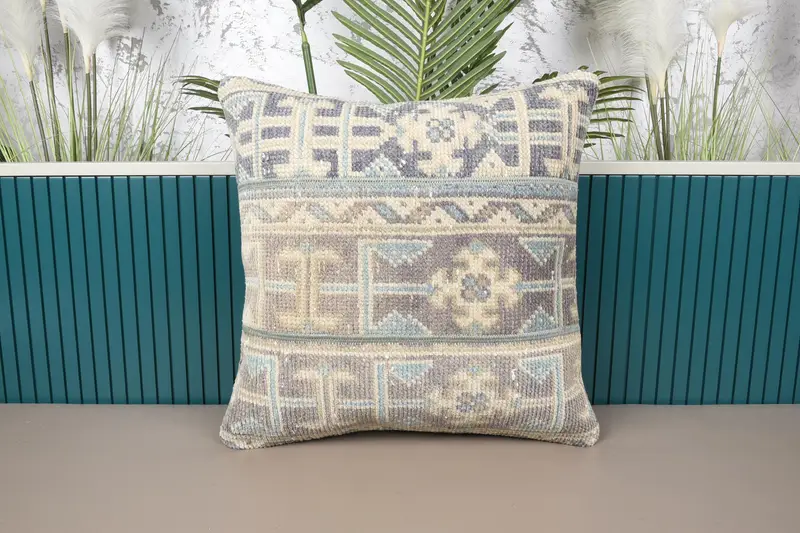 Square Turkish Geometric Pillowcase, Beige Antique 20x20 inch Cushion Case - 1