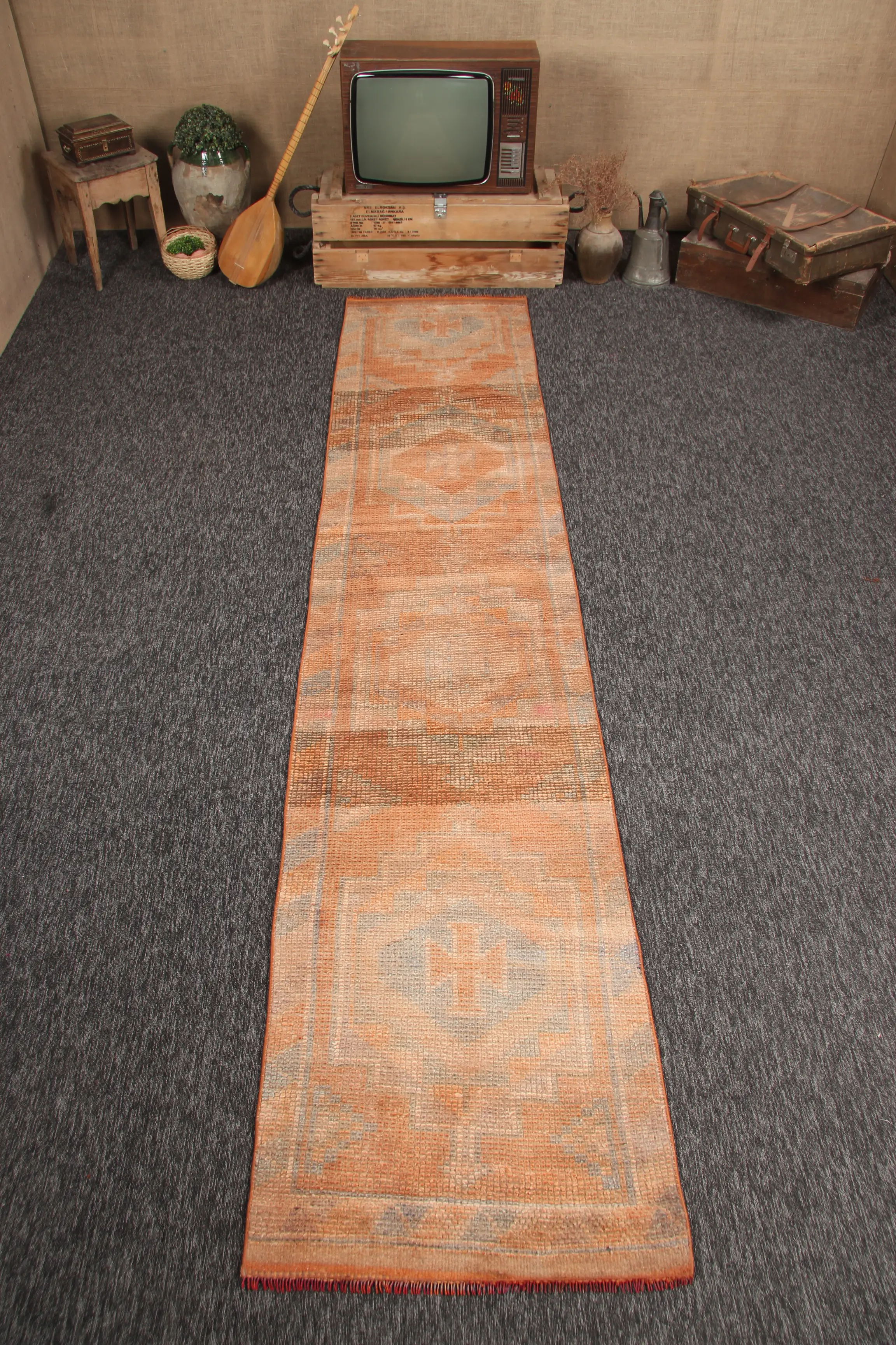 2,5x11,6 ft Herki Teppich, türkischer Vintage Teppich, orange grauer geometrischer Teppich - 1