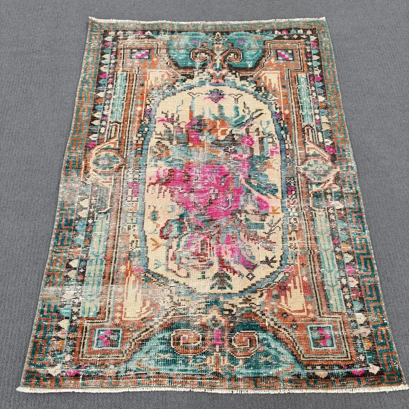 ブルー & オレンジ ラグ、0.3x4.3 フィートの幾何学模様の花柄デザイン