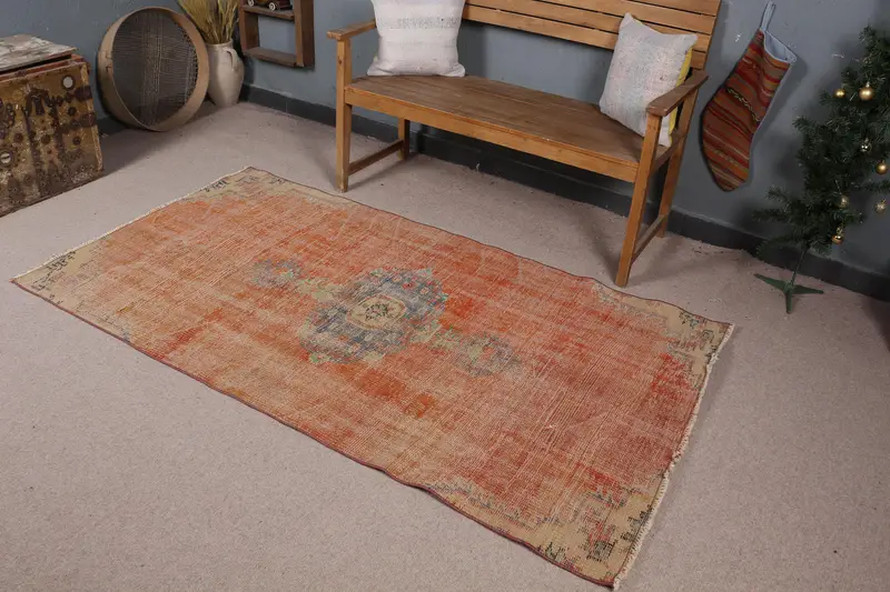 3.7x6.8 ft Türk Halısı, Vintage Alan Halısı, Turuncu Mavi Kareli Halı - 1