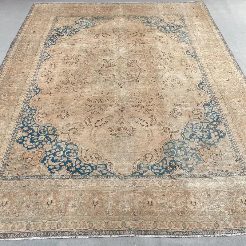 Kahverengi ve Mavi Halı, 9,4x12,2 ft Geometrik Çiçek Desenli