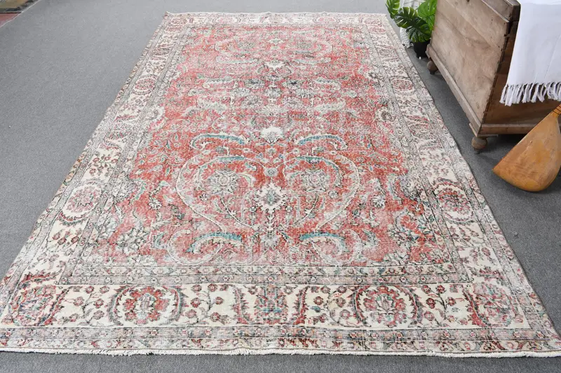 Handmade Red & Beige Rug, 5.4x0.9 ft Geometric Floral