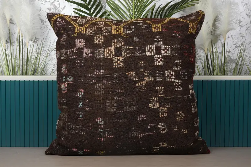 Beige-braunes Southwestern-Wurfkissen, 32x32 besticktes Leinenkissen