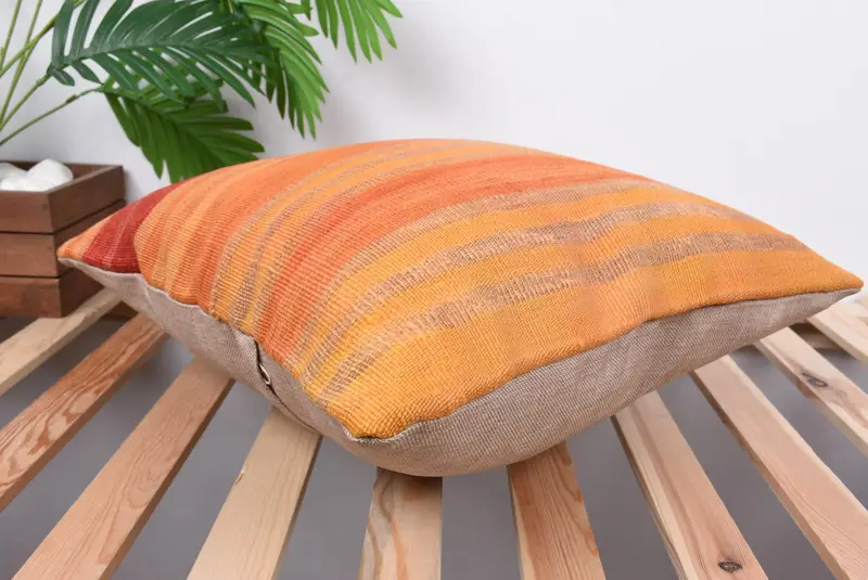 Cotton Cushion Case, Turkish Kilim Pillow, Ethnical Kilim Rug Pillow, 18x18 Orange Pillow Case, Cozy Throw Cushion, Cushion Cover, Gift Pillow - 6