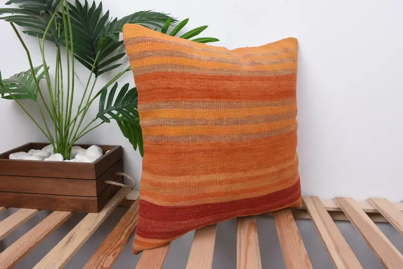 Cotton Cushion Case, Turkish Kilim Pillow, Ethnical Kilim Rug Pillow, 18x18 Orange Pillow Case, Cozy Throw Cushion, Cushion Cover, Gift Pillow - 4