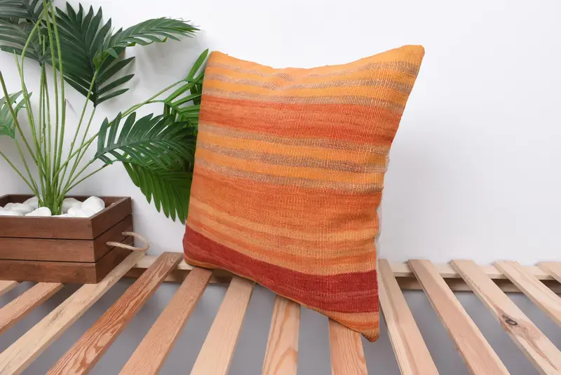 Cotton Cushion Case, Turkish Kilim Pillow, Ethnical Kilim Rug Pillow, 18x18 Orange Pillow Case, Cozy Throw Cushion, Cushion Cover, Gift Pillow - 5