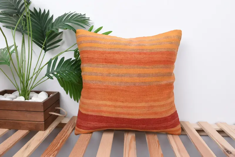 Cotton Cushion Case, Turkish Kilim Pillow, Ethnical Kilim Rug Pillow, 18x18 Orange Pillow Case, Cozy Throw Cushion, Cushion Cover, Gift Pillow - 1