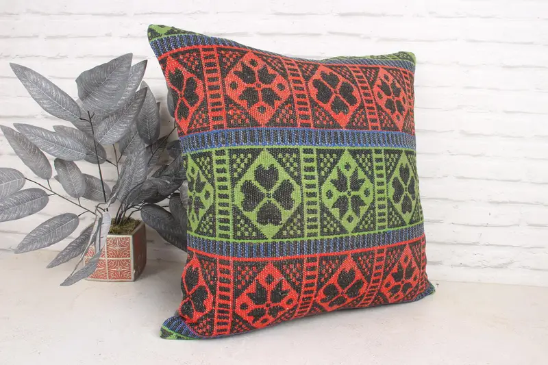 Turkish Kilim Pillow, Muted Pillow Case, 24x24 Green Cushion Cover, Kilim Pillow Cover, Pillow Cover, Handmade Kilim Cushion - 3