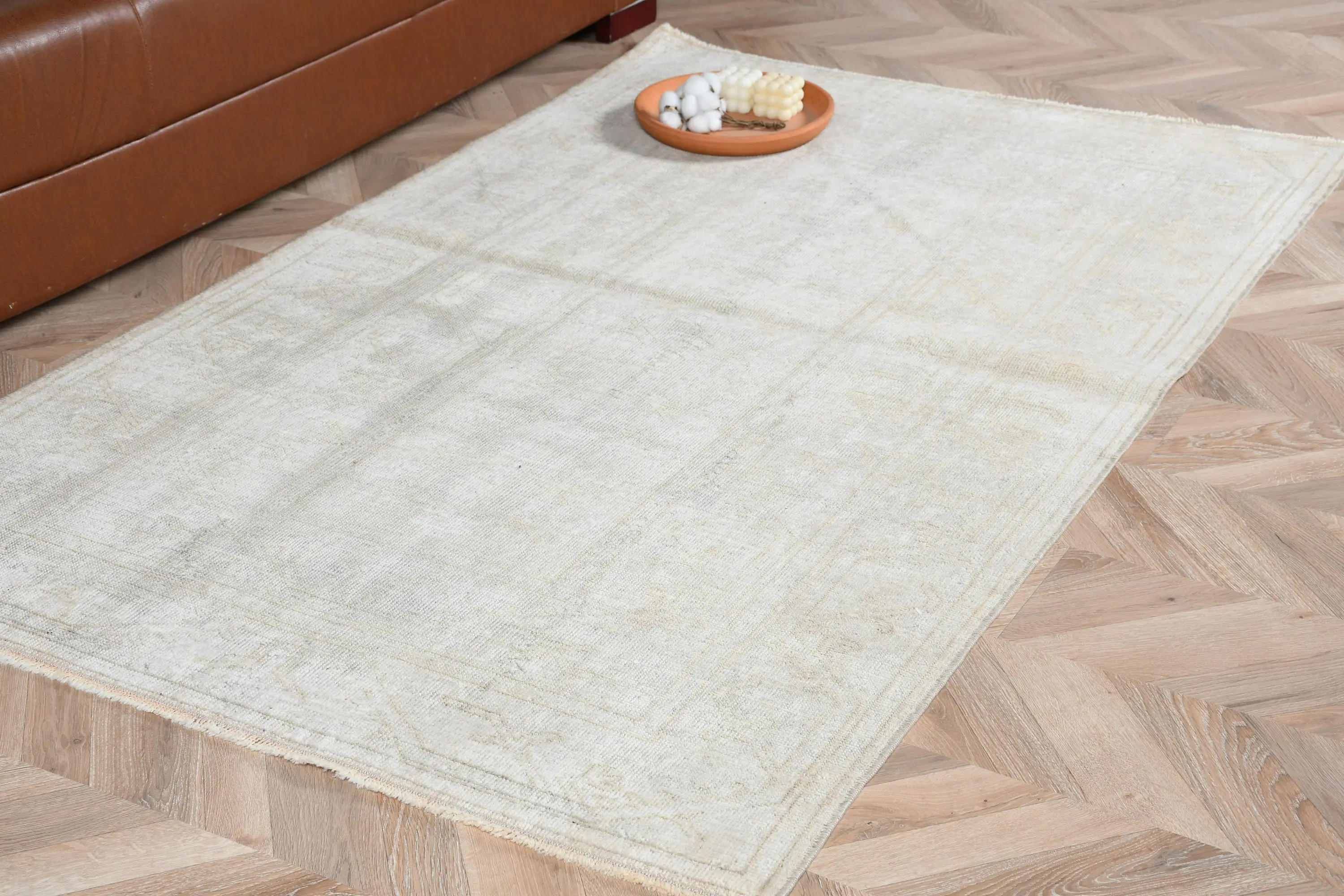 Teppich, 3,85x6,22 ft Vintage Teppich, weißer abstrakter Teppich aus Wolle - 1