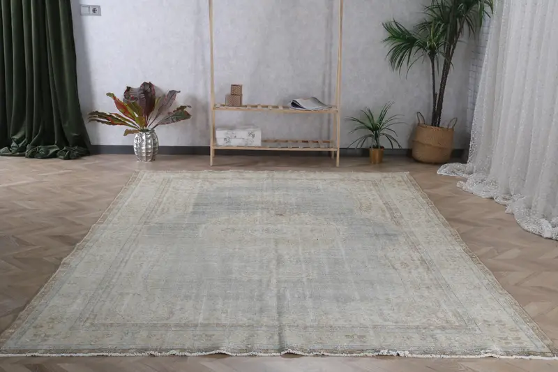 6.7x10.4 ft Vintage Halı, Oushak Halı, Gri Bitkiler ve ağaçlar Halı Yünü - 1