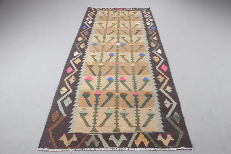 Kahverengi Soyut Halı, 3,8x9,1 ft Yeşil Vurgulu