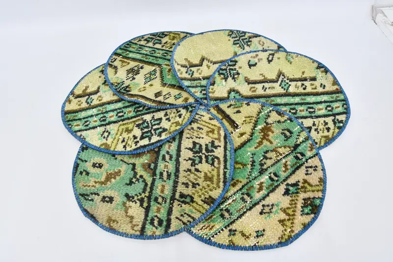 ボヘミアン サークル パターン、グリーン & ベージュ コットン ウール プレースマット