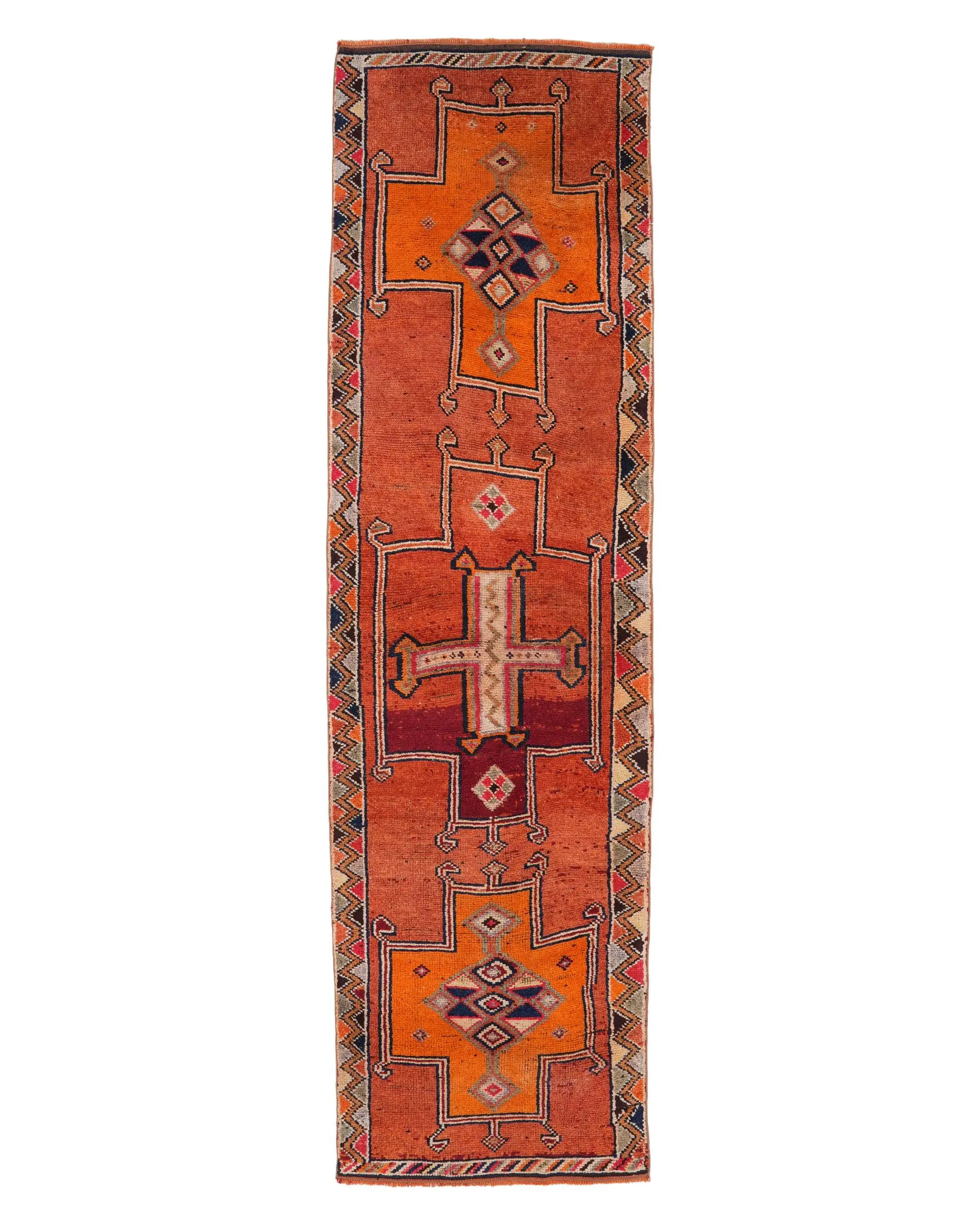 Turkish Herki Rug 3x10.9 ft, Orange Blue Southwestern Wool Vintage Rug - 1