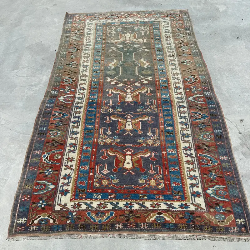 3.5x5.7 ft Rug, Accent Vintage Rug, Blue Oushak Check Rug - 1