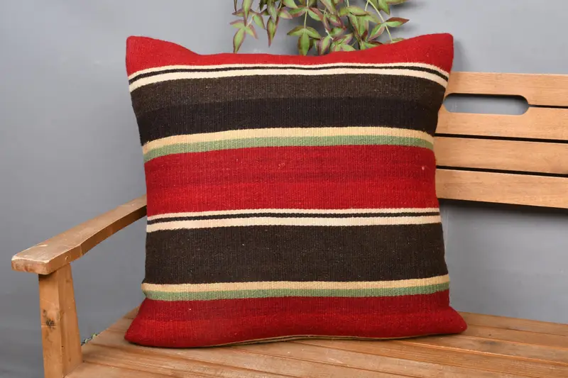 Red & Brown Striped Throw Pillow, 24x24 Embroidered Cushion