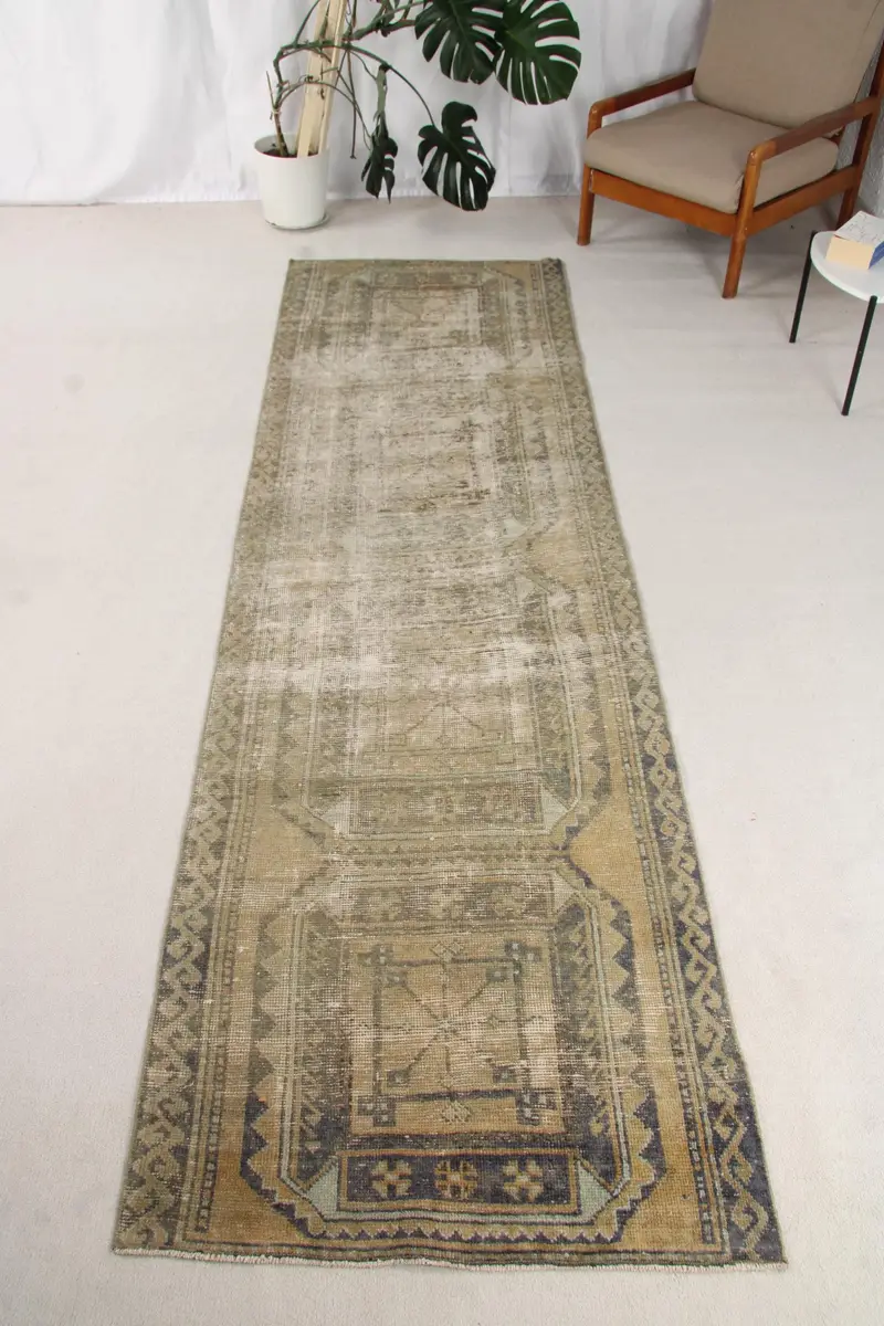 Vintage Türk Yolluk Halısı 3,2x11,1 ft (96x338 cm), Kahverengi Fas Oushak Halısı - 1