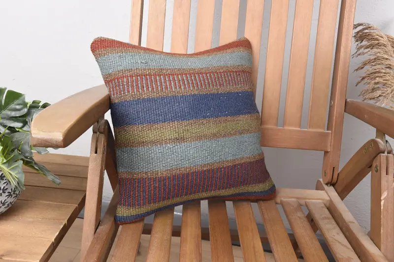 Vintage Green Striped Pillow Sham, Small Square Antique 14x14 inch New Home Gift Cushion Case - 1