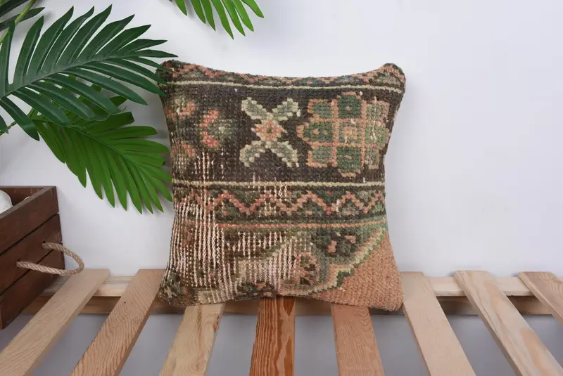 Boho Pillow, Turkish Kilim Pillow, 12x12 Brown Pillow Sham, Cushion Case, Kilim Cushion Sham, Bolster Throw Pillow Cover - 1