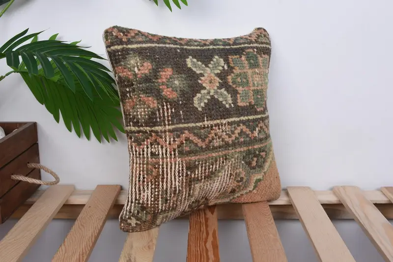 Boho Pillow, Turkish Kilim Pillow, 12x12 Brown Pillow Sham, Cushion Case, Kilim Cushion Sham, Bolster Throw Pillow Cover - 4
