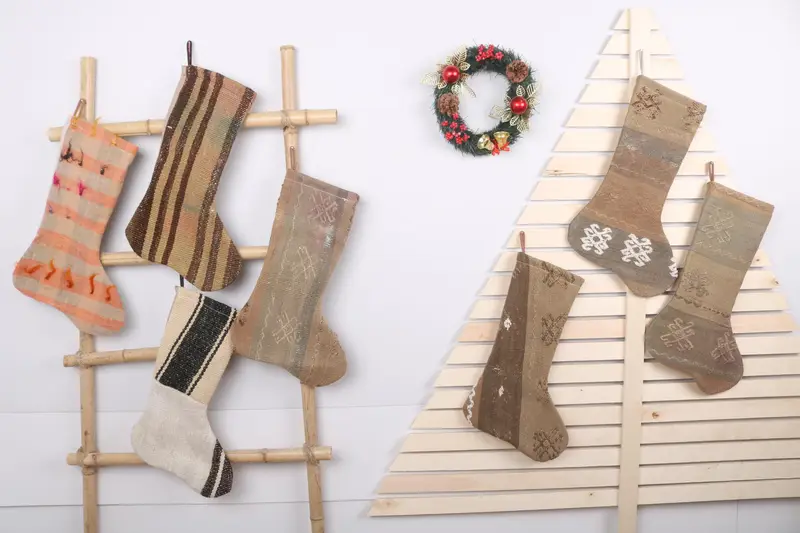 Patrón de adornos navideños, calcetín Kilim bohemio de 7 pulgadas