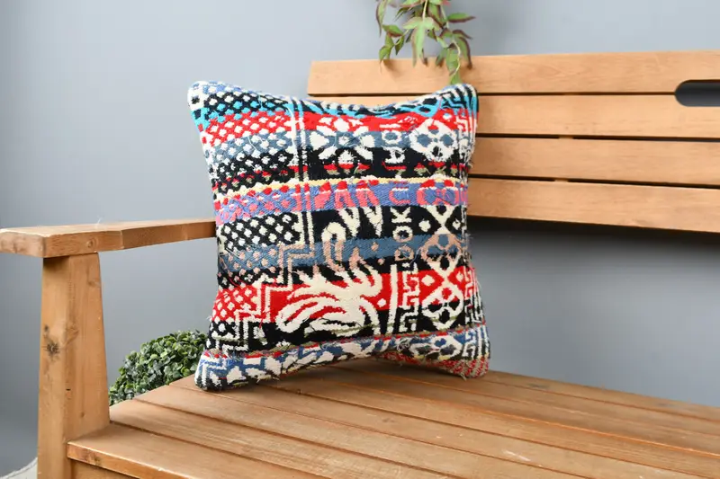 16x16 Blue Pillow Case, Seat Cushion Cover, Gift Pillow, Handmade Kilim Cushion, Vintage Throw Cushion, Turkish Pillow, Cushion Cover - 1