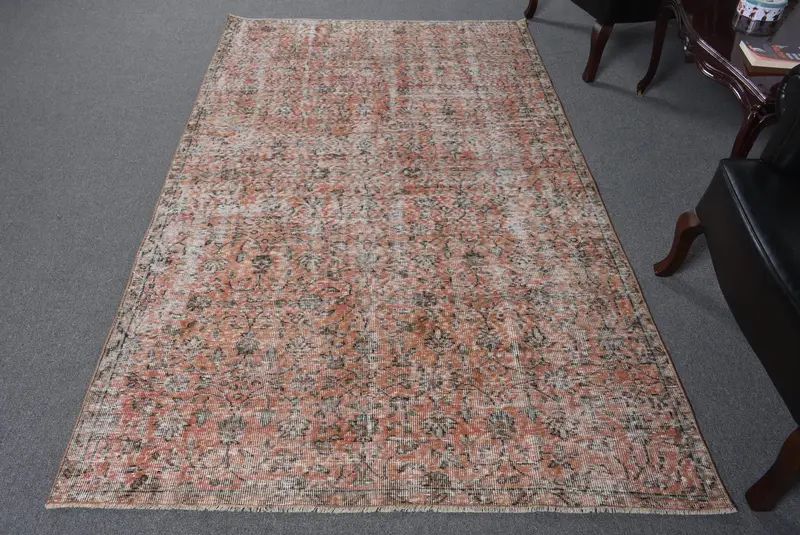 El Yapımı Turuncu Halı, 4,8x8 ft Çiçek ve Geometrik Tasarım