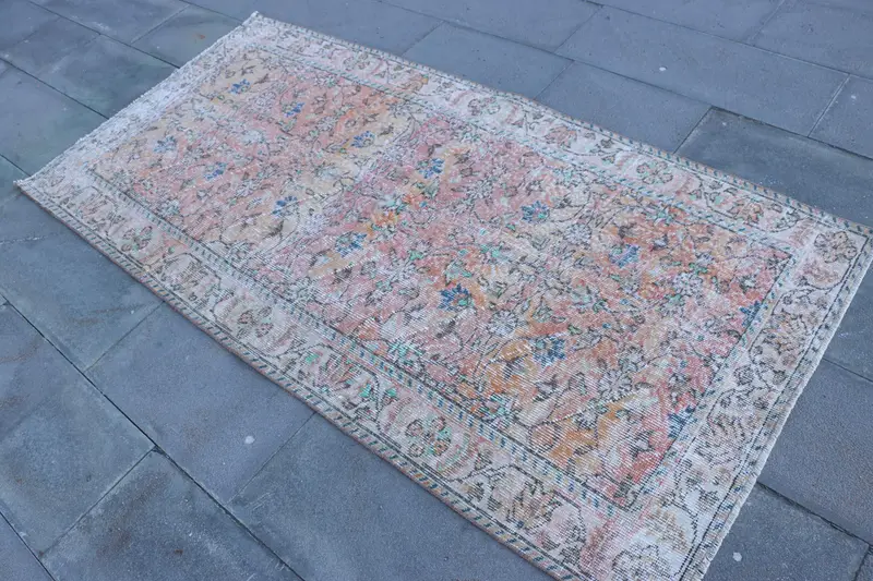 トルコヴィンテージラグ、3.37x6.8フィートアクセントラグ、オレンジブルーボーダーラグ