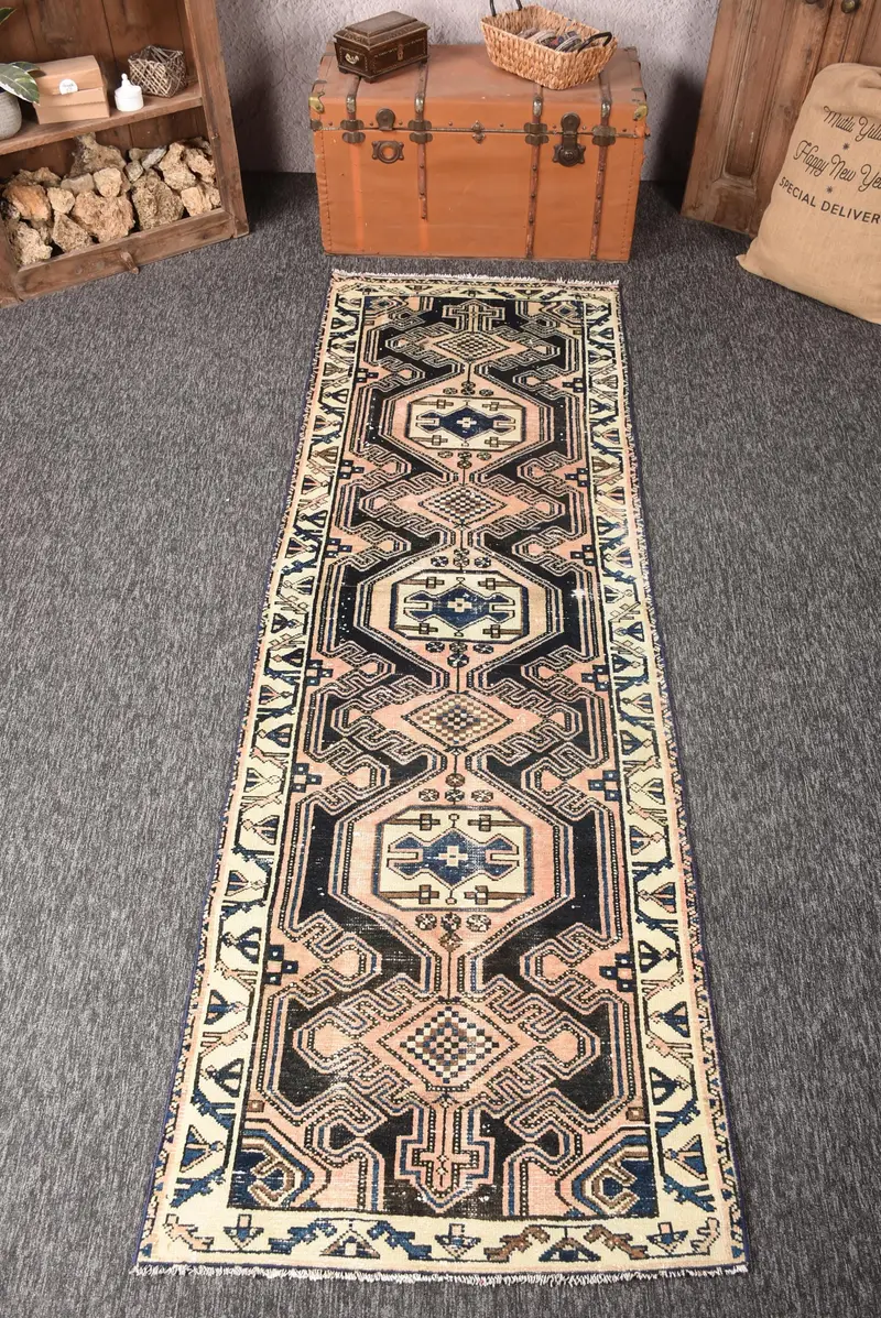 Alfombra Oushak vintage 3x9,4 pies (90x288 cm), alfombra turca geométrica marrón - 1