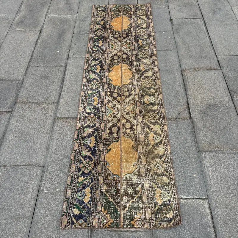 Vintage Turkish Oushak Runner Rug 1.9x7 ft, Blue Striped Rug Wool - 1