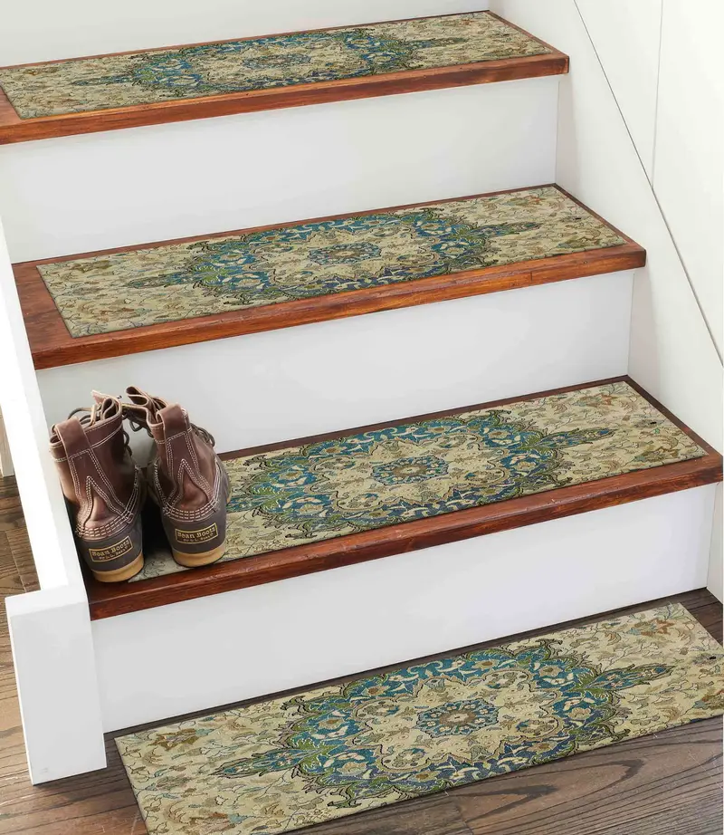 Beige Bohemian Printed Rug: Farmhouse Stair Rug with Muted Colors